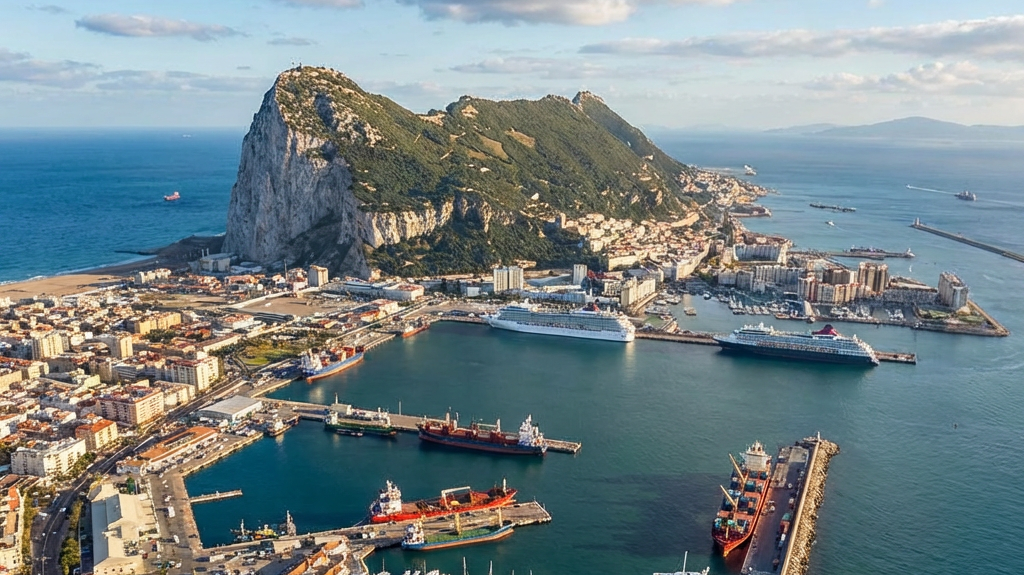 Panoramic view of Gibraltar's harbor and city with the Rock in the background.