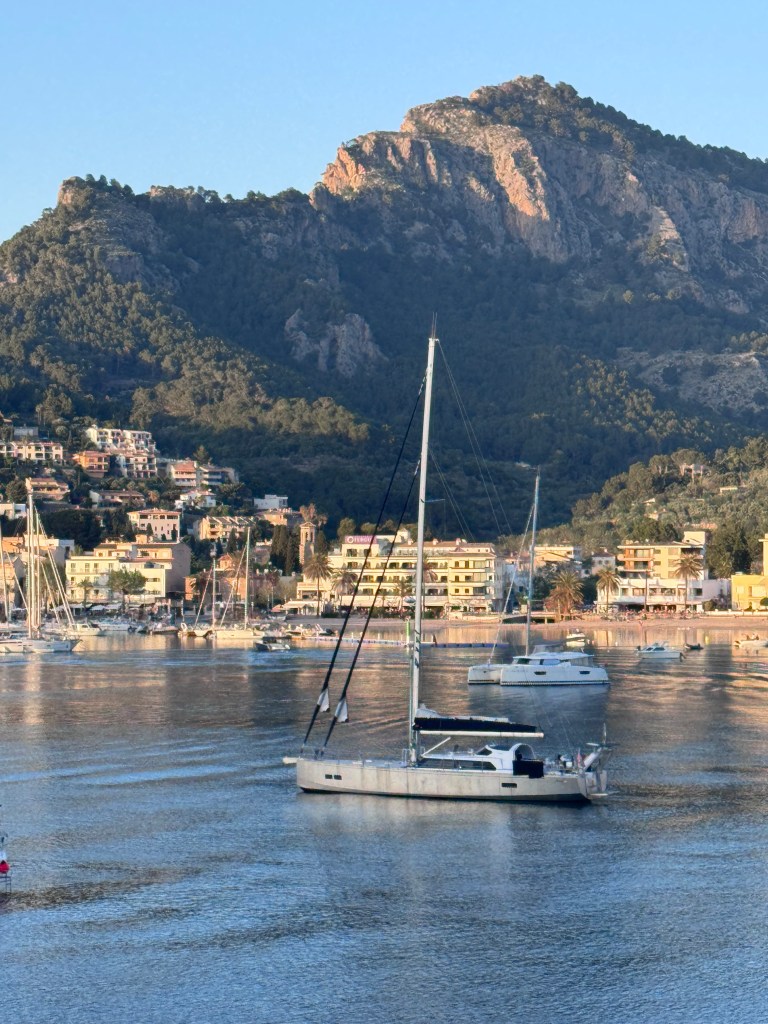 A sailboat navigating through a calm harbor with scenic mountains in the background and a coastal town with various buildings and palm trees.